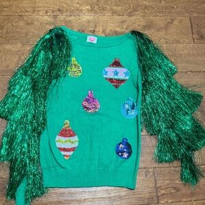 Festive Green Sweater with Tinsel Sleeves